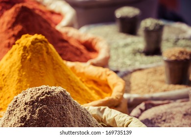 Indian Colored Spices At Local Market.