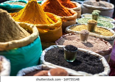 Indian Colored Spices At Local Market.