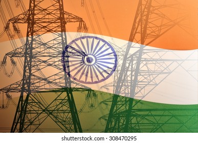 Indian Colorful Flag Merged With Electric Pylons Of High Power Lines, Showing Development Of India In Power Sector