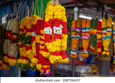 Indian Colorful Flower Garlands On Street Market In Singapore