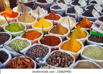 Indian colorful spices at Anjuna flea market in Goa, India