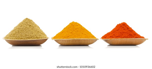 Indian Colourful Spices Also Know As Red Chilli Powder, Turmeric Powder, Coriander Powder, Mirchi, Mirch, Haldi, Dhaniya Powder Isolated On White Background