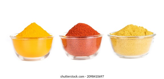 Indian Colourful Spices Also Know as Red Chilli Powder, Turmeric Powder, Coriander Powder, Mirchi, Mirch, Haldi, Dhaniya Powder Isolated on White Background