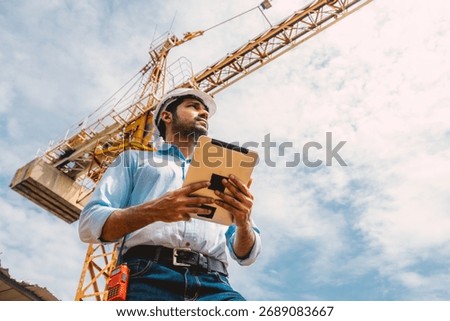 Indian construction engineer worker construction site control operation. Foreman operate tower crane hand holding tablet.