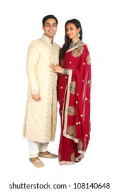 Indian Couple In Traditional Wear. Isolated On A White Background.