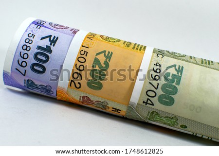 Indian currency Note of  Five two and one hundred rupees banknote of India with a denomination of 100 200 500. concept image for various type of monetary transactions