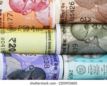 Indian Currency Notes Of Different Denominations. Growing Indian Economy.