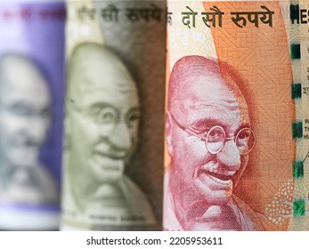 Indian Currency Notes Of Different Denominations. Growing Indian Economy.