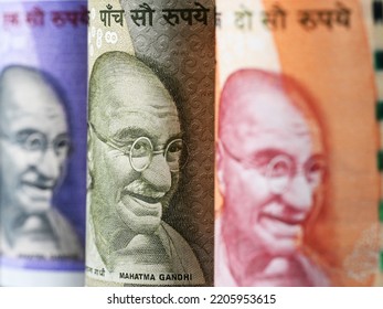 Indian Currency Notes Of Different Denominations. Growing Indian Economy.