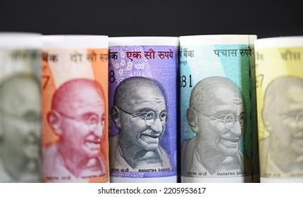 Indian Currency Notes Of Different Denominations. Growing Indian Economy.