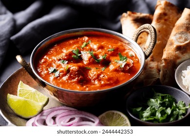 Indian curry, tikka masala, chicken, lamb, mutton Rogan Josh with rice and naan bread. Dark background. Close up. - Powered by Shutterstock