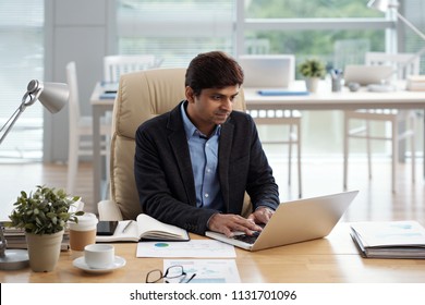 Indian Entrepreneur Working On Laptop In Spacious Modern Office