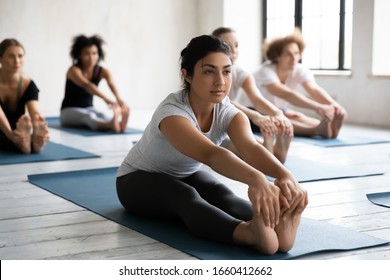 Indian Ethnicity Instructor And Diverse Group Of People Sitting On Mats Performing Seated Forward Bend At Morning Work Out Activity, Physical And Mental Health Care, Wellness Healthy Lifestyle Concept