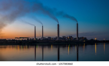 Indian Factory In Kota With Emissions Reflection Pollution Water And Smoke