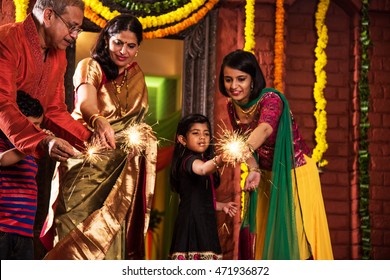 Indian Family Celebrating Diwali Festival Fire Stock Photo 471936872 ...