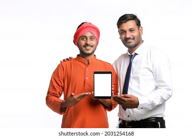 Indian Farmer Showing Tablet With Bank Officer Or Corporate Government Employee On White Background.