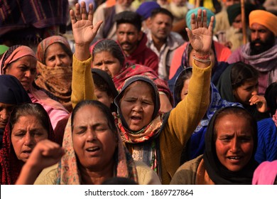 Indian Farmers Along With Their Family Members Shout Slogans As They  Protest Against New Agriculture Laws During A Nationwide Shutdown In Amritsar, Punjab, India. 08.12.2020