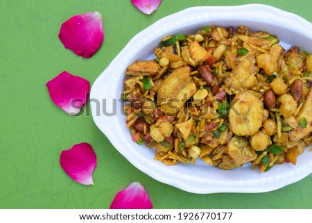 Indian fasting food cuisine item known as Farali Bhel prepared from Faradi chivda, peanuts, sev, sabudana, faraadi mixture, tamarind, tomato, capsicum. Eaten during ekadashi and Mahashivaratri