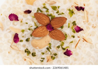Indian Fasting Food Sabudana Kheer, Sagudana Khir Or Sago Seed Pudding Is Creamy Luscious Sweet Made Of Tapioca Pearls Soaked In Milk And Flavored With Dry Fruits. Enjoyed On Diwali Puja, Navaratra