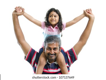 Indian Father Piggyback Her Daughter Over White Background