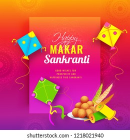 Indian Festival celebration greeting card design with colorful kites, spools and Indian dessert on glossy floral background. - Shutterstock ID 1218021940