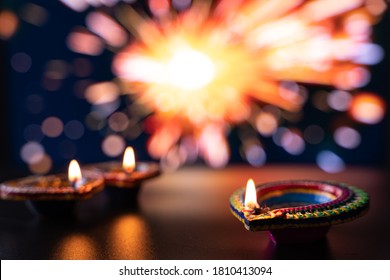 Indian Festival Diwali, Diya Oil Lamps Lit On Colorful Rangoli. Hindu Traditional. Happy Deepavali. Copy Space For Text.