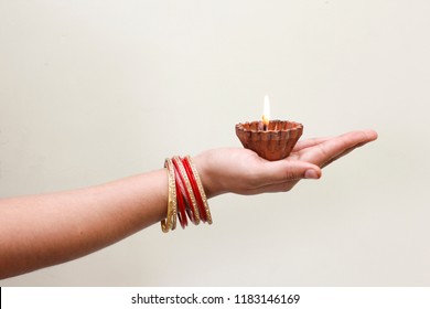 Indian Festival Diwali, Lamp In Hand