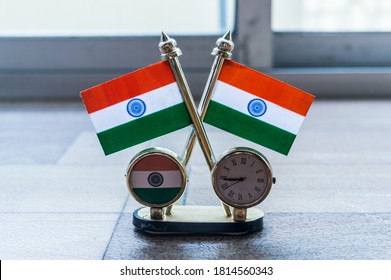 Indian flag clock. Indian Flag and Table Clock Flag. Flag with Golden Clock with Oval Shape Stand useful for Car Dashboard Desk Office Table Decoration. Home Decor Use and Gift object.