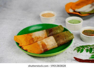 Indian Flag Color Food - Tri Color Dosa For Republic Independence Day, Selective Focus