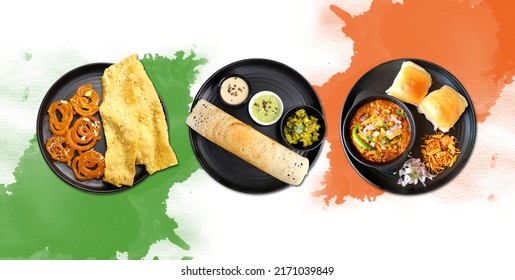 Indian Food Banner Over Flag Color Background.The Concept For Indian Happy Independence Or Republic Day Food. Copy Space. Snacks Include Dosa, Jalebi And Misal Pav