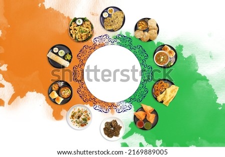 Indian food Banner over flag color Background.The concept for Indian happy Independence or Republic day food. copy space. Snacks include Medu vada, Paratha, Samosa, Jalebi, Pav Bhaji, Dosa, and Pakoda