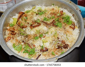 Indian Food Or Dish Vegetable Biryani In A Pressure Cooker. Top Angle View