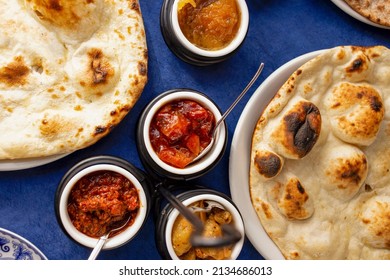 Indian Food Naan Flatbread And Chutney