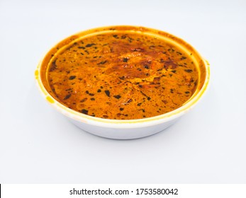 Indian Food In Takeout Container, Chicken Tikka Masala In Takeaway Plastic Bowl On White Background For Eat At Home, Delivery Food.