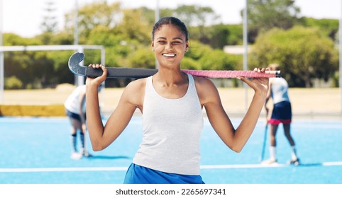 Indian girl, hockey team athlete and portrait of a sport player on outdoor field. Happy person, smile and and sun with a sports female ready for game training, exercise and fitness with happiness - Powered by Shutterstock