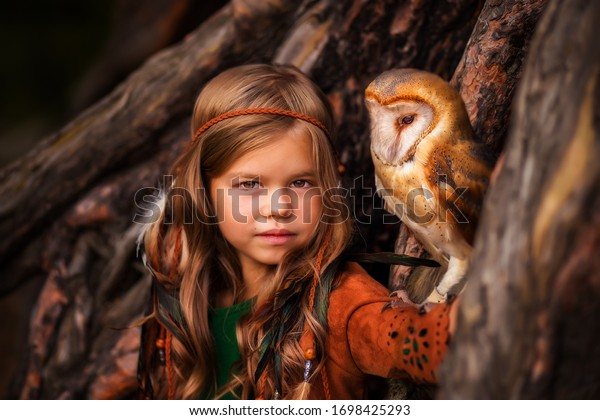 Indian girl with an owl fantasy