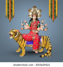 Indian Goddess Durga Maa Sitting On Tiger, Happy Navratri