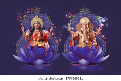 Indian Gods worshipped on Diwali celebration - Lord Ganesha and Goddess Lakshmi, sitting in lotus flowers and giving blessings