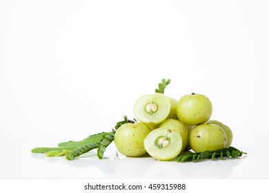 Indian Gooseberry Or Amla Fruit With Leaf Isolated On White Background