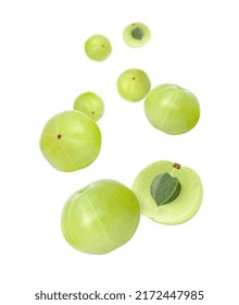 Indian Gooseberry Fruit (amla Emblica) Flying In The Air Isolated On White Background.