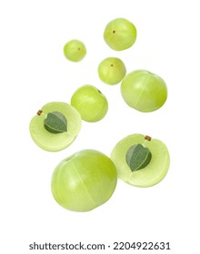 Indian Gooseberry Fruit (amla Emblica) Flying In The Air Isolated On White Background.