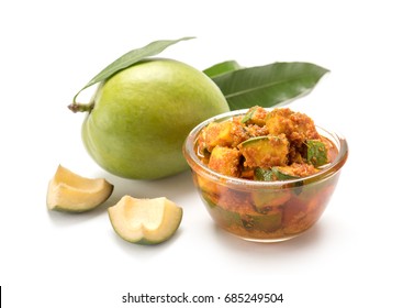 Indian Green Mango With Pickle Isolated On White Background