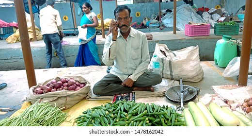 An Indian Greengrocer Taking To Phone At Vegetable Market District Katni Madhya Pradesh In India Shot Captured On Aug 2019