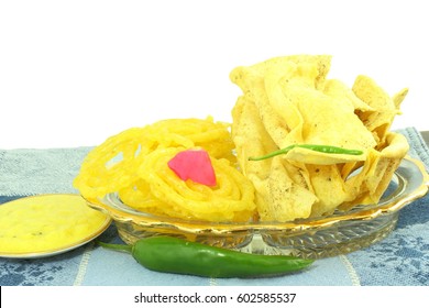 Indian Gujarati Snack Fafda With Sweet Jalebi In White Background