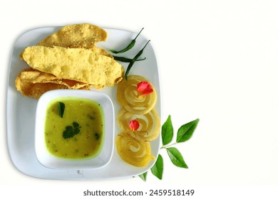 indian gujarati traditional tea time snack food fafda,fafda papdi,papadi with jalebi sweet,white background,top view,copy space