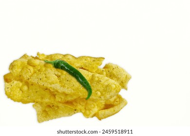 indian gujarati traditional tea time snack food fafda,fafda papdi,papadi,white background,top view,copy space