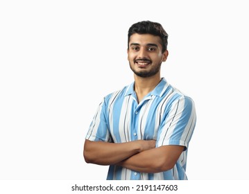 Indian handsome young adult wearing blue strip shirt and smiling isolated on white background  - Shutterstock ID 2191147603
