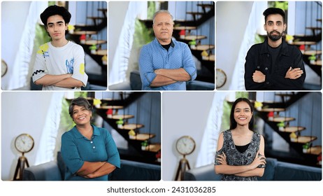 Indian happy diverse business man people standing confident cross arms look camera pose head shot portrait video office. Independent smiling old boss freelance worker team member fold hand indoor home - Powered by Shutterstock