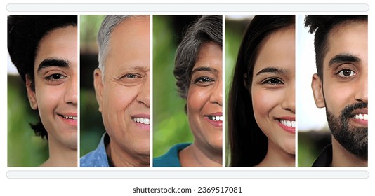 Indian happy smiling half face close up of beautiful teenager college student with senior old teacher. Diverse young business entrepreneur group worker people looking at camera - Powered by Shutterstock