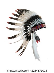 Indian headdress Western Ethnic Large feathers of various colors were tied together with cloth and animal skins strung together with colorful beads isolated on white background. This has clipping path